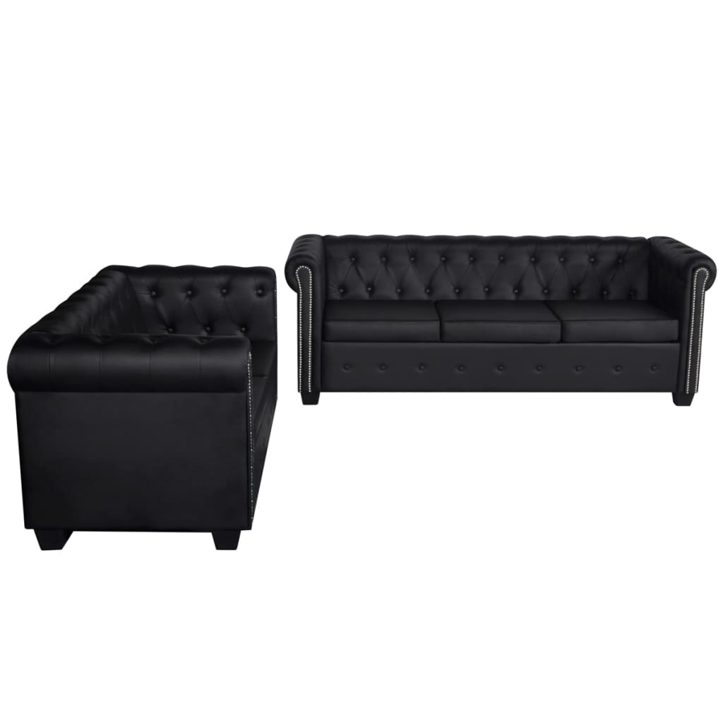 Chesterfield sofa with 2 and 3 seats, artificial leather, black