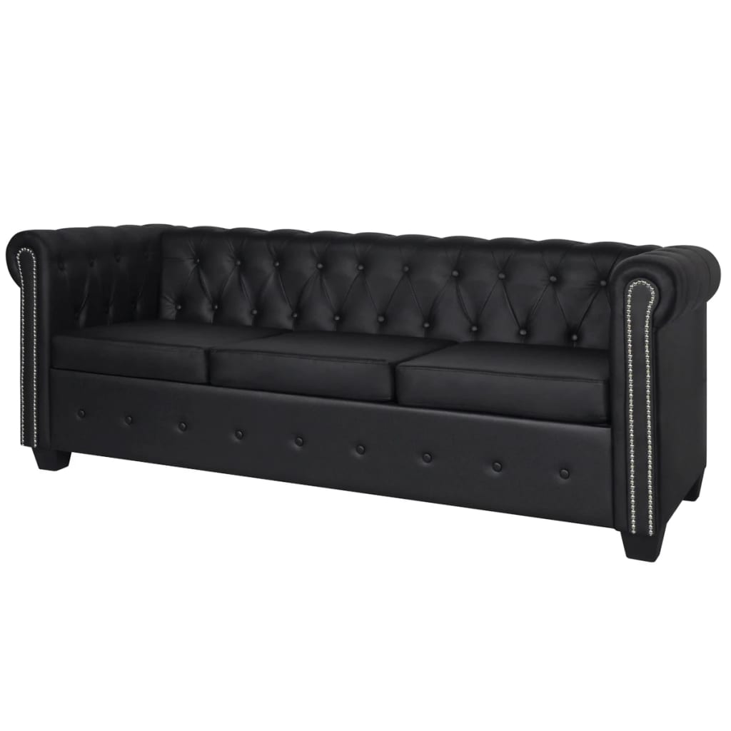 Chesterfield sofa with 2 and 3 seats, artificial leather, black