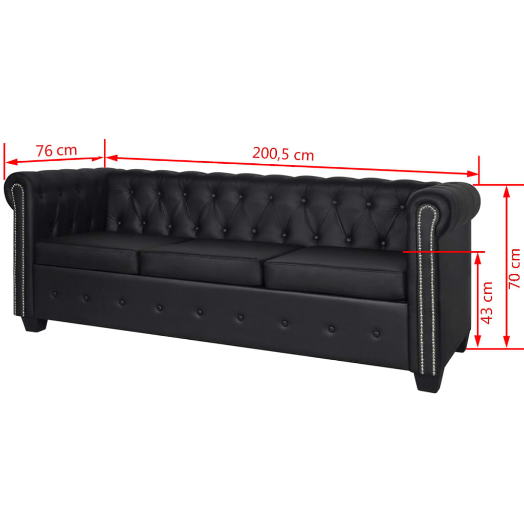 Chesterfield sofa with 2 and 3 seats, artificial leather, black