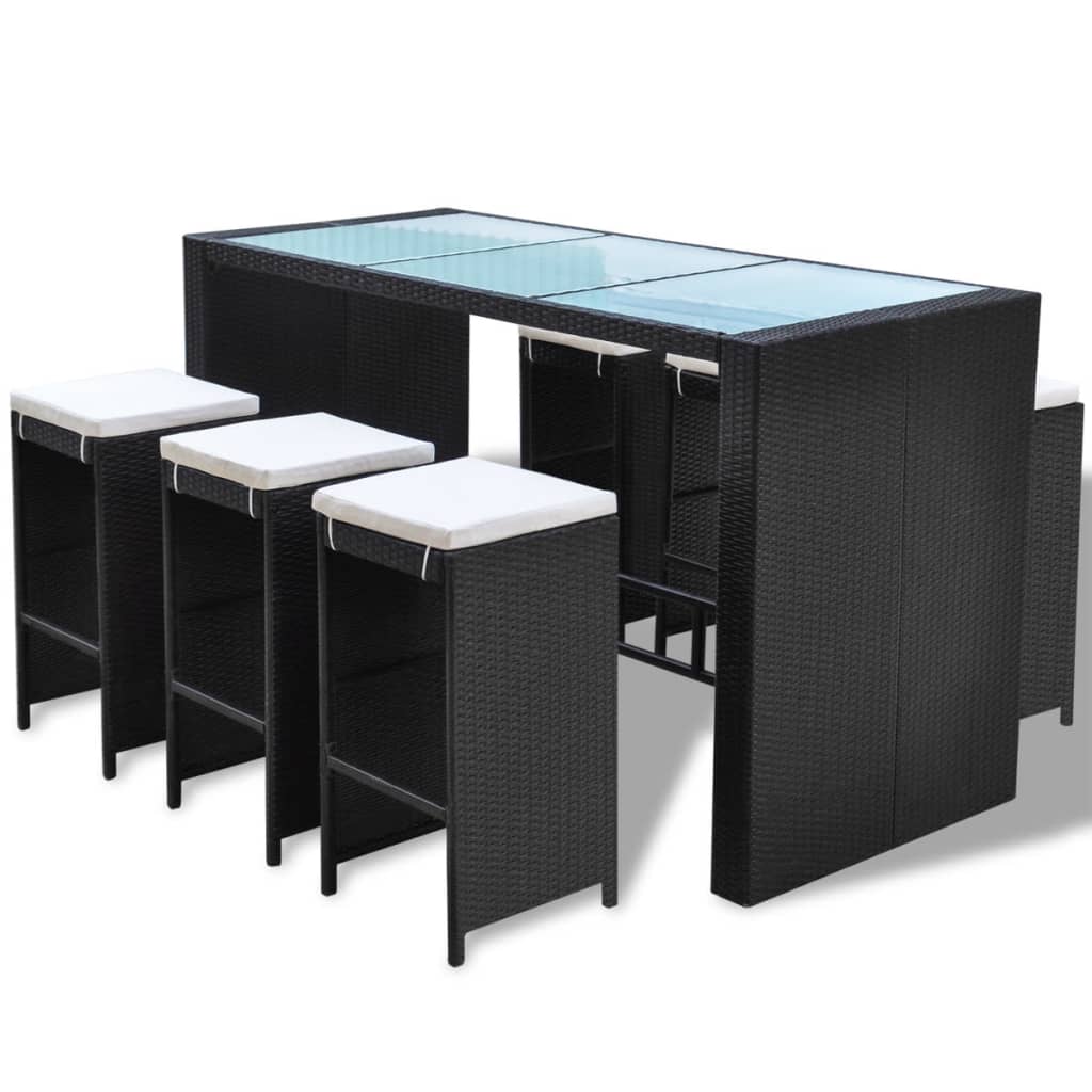 Set mobilier bar de grădină cu perne, 7 piese, negru, poliratan