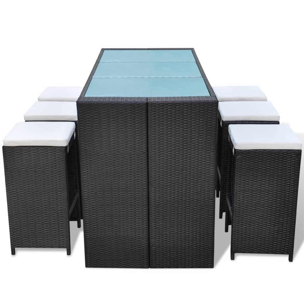 Garden bar furniture set with cushions, 7 pieces, black, polyrattan