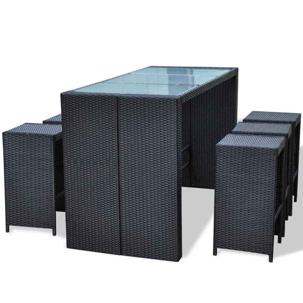 Set mobilier bar de grădină cu perne, 7 piese, negru, poliratan