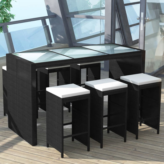 Set mobilier bar de grădină cu perne, 7 piese, negru, poliratan