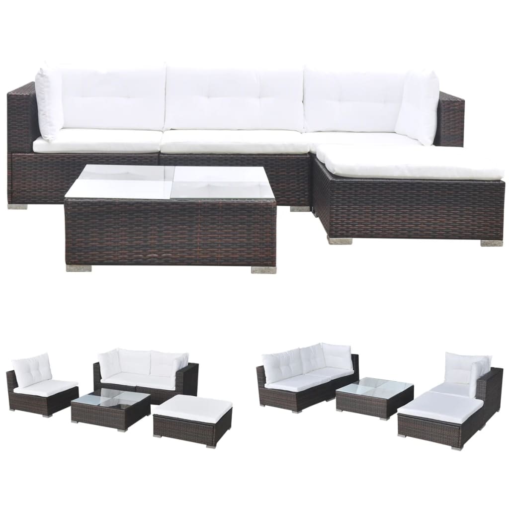 Garden furniture set with cushions, 5 pieces, brown, polyrattan