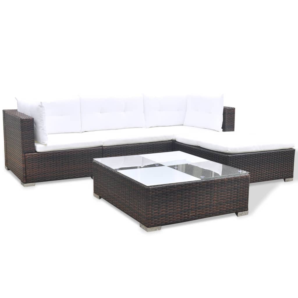 Garden furniture set with cushions, 5 pieces, brown, polyrattan