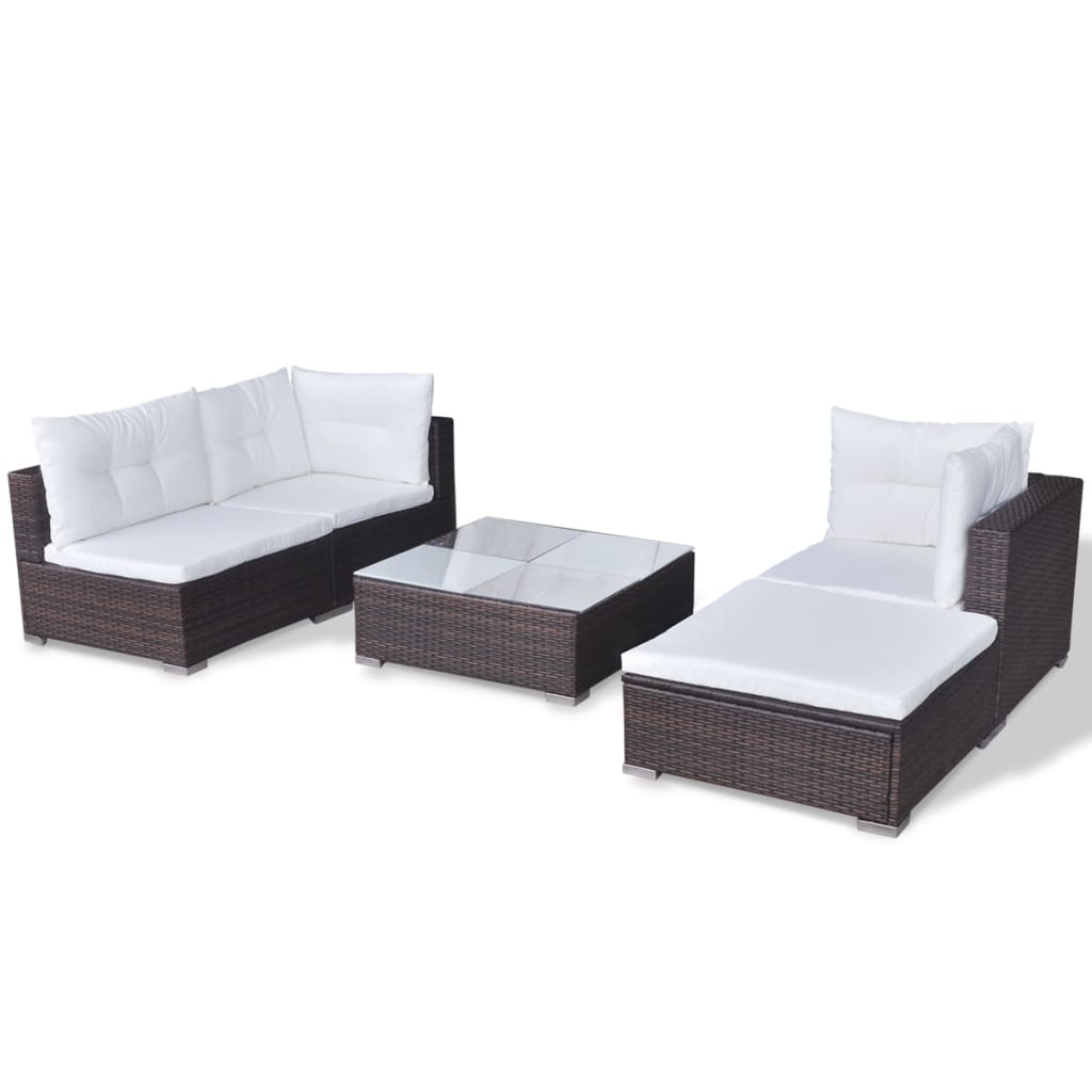 Garden furniture set with cushions, 5 pieces, brown, polyrattan