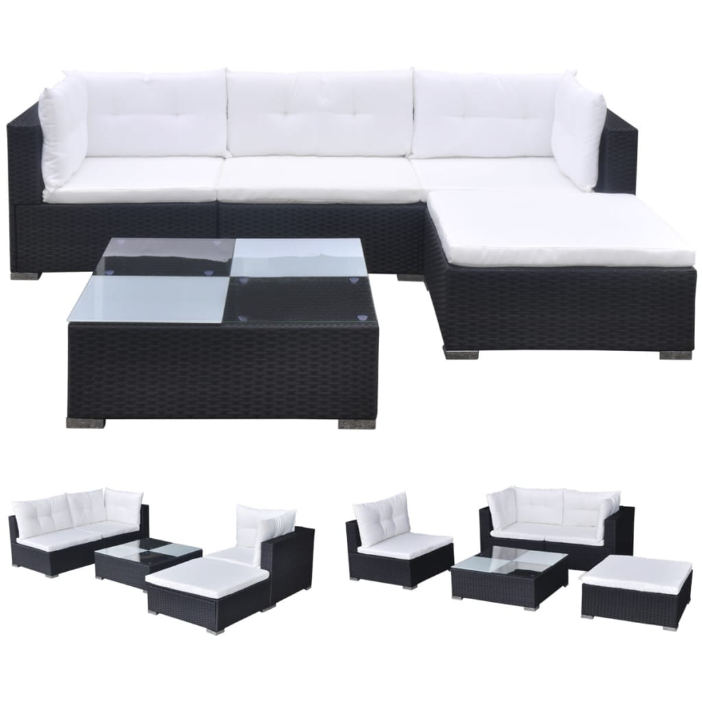 5-piece garden furniture set with cushions, black, polyrattan