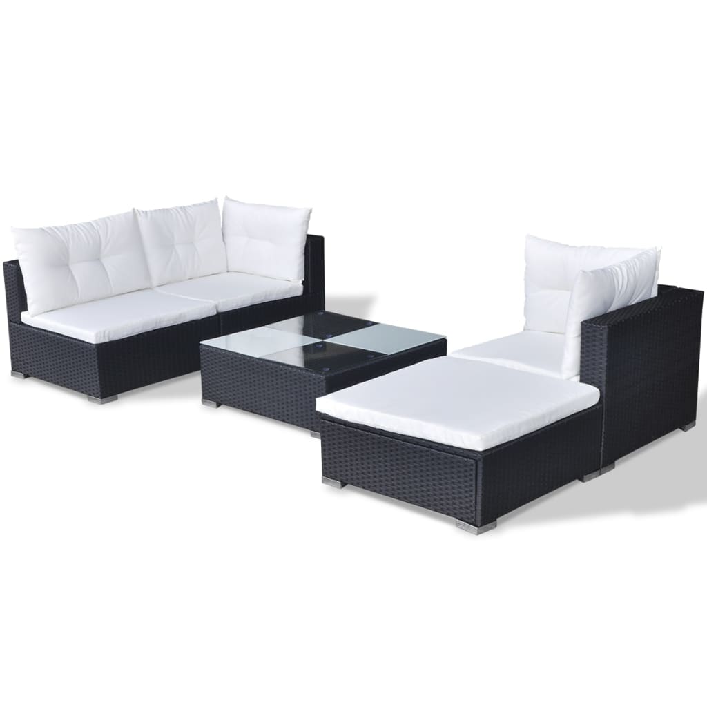 5-piece garden furniture set with cushions, black, polyrattan