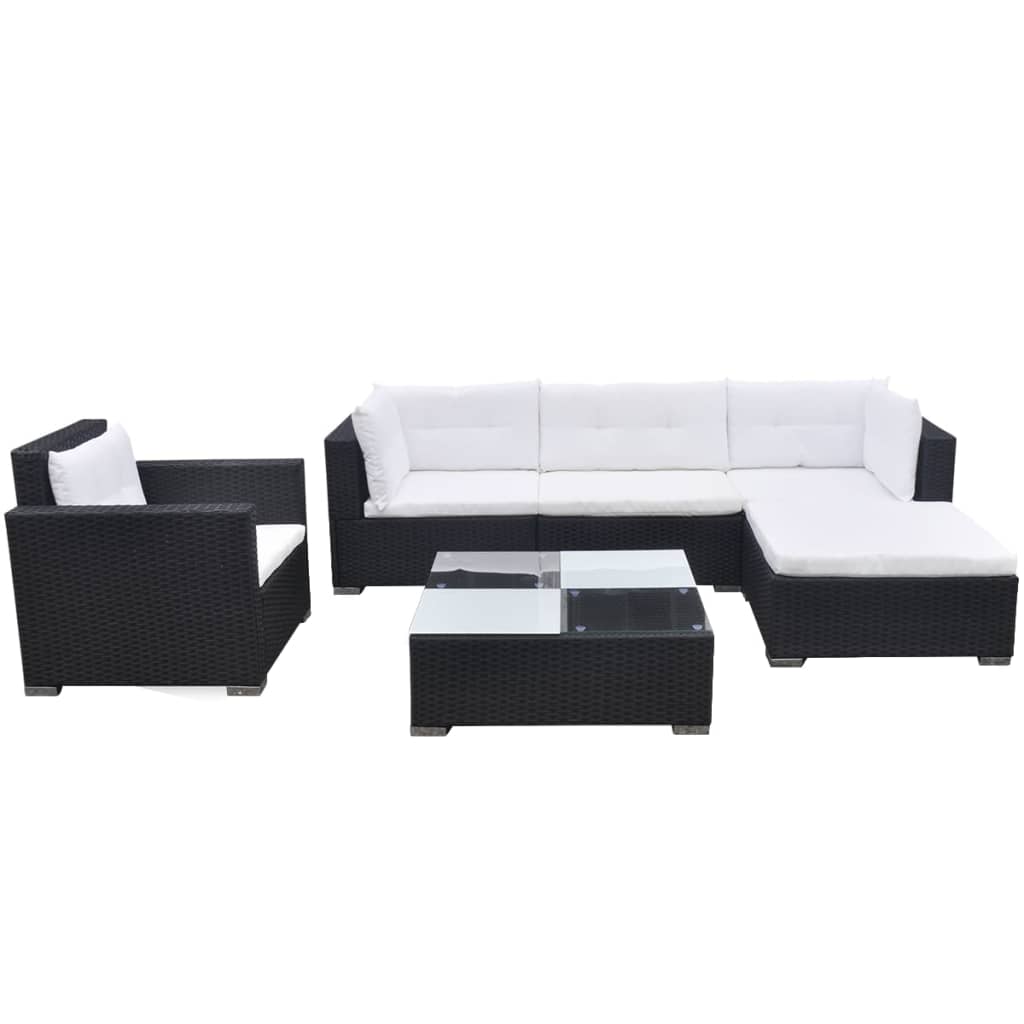 Garden furniture set with cushions, 6 pieces, black, polyrattan