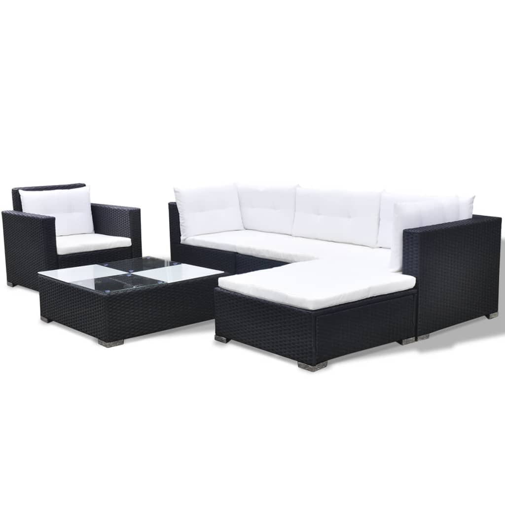 Garden furniture set with cushions, 6 pieces, black, polyrattan