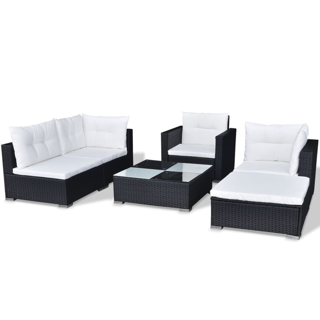 Garden furniture set with cushions, 6 pieces, black, polyrattan