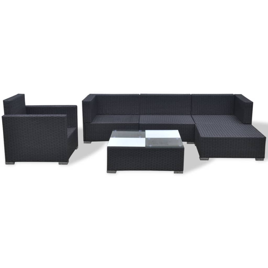 Garden furniture set with cushions, 6 pieces, black, polyrattan