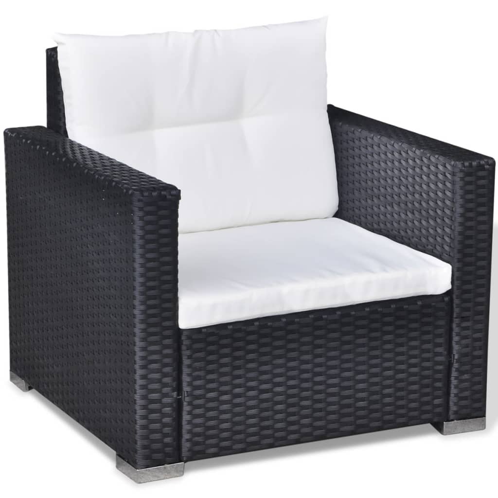 Garden furniture set with cushions, 6 pieces, black, polyrattan