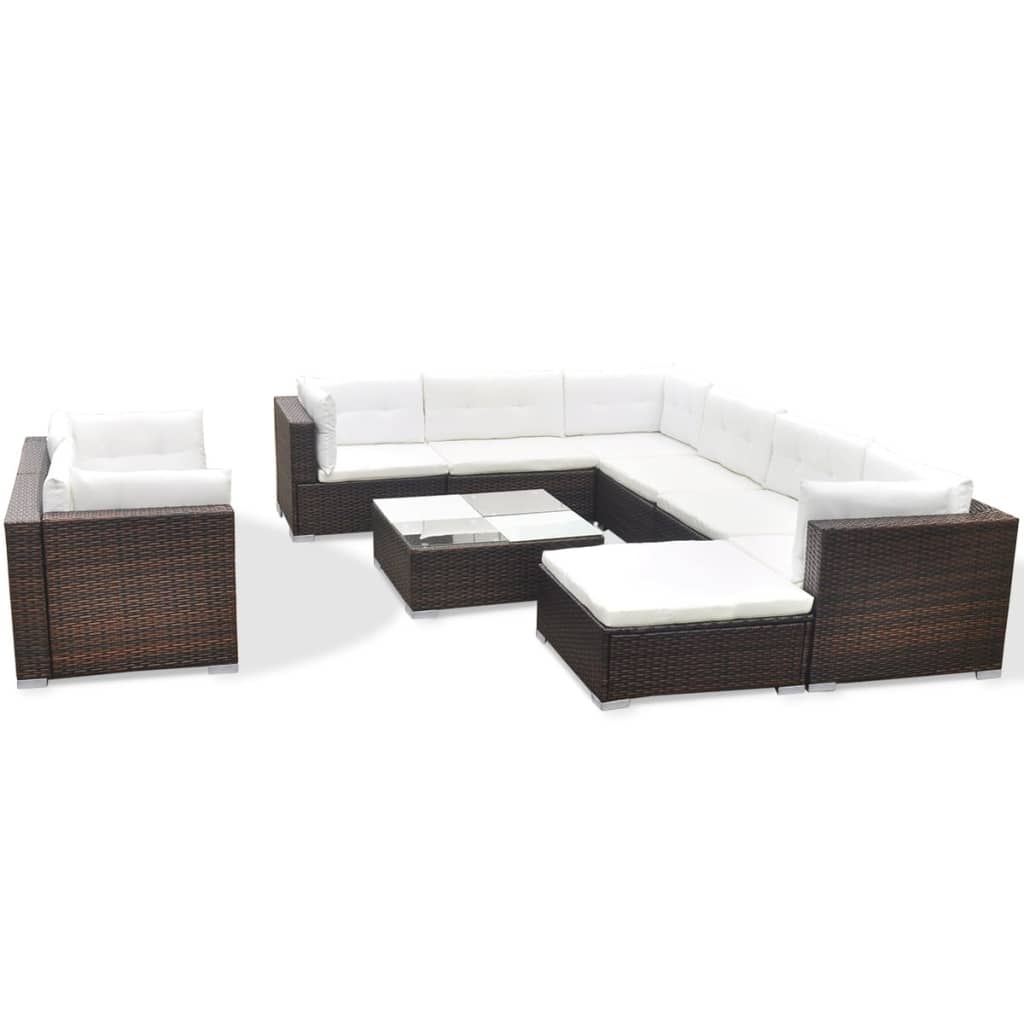 Garden furniture set with cushions, 10 pieces, brown, polyrattan