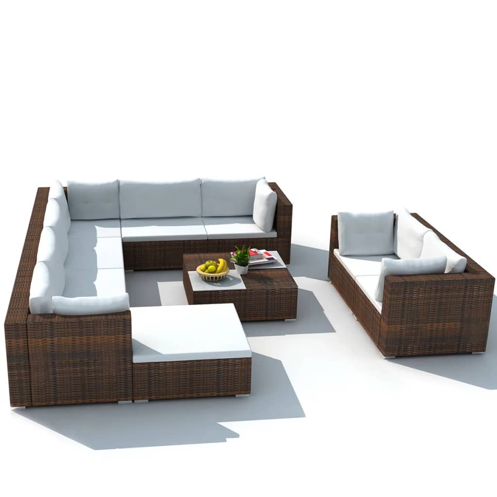 Garden furniture set with cushions, 10 pieces, brown, polyrattan