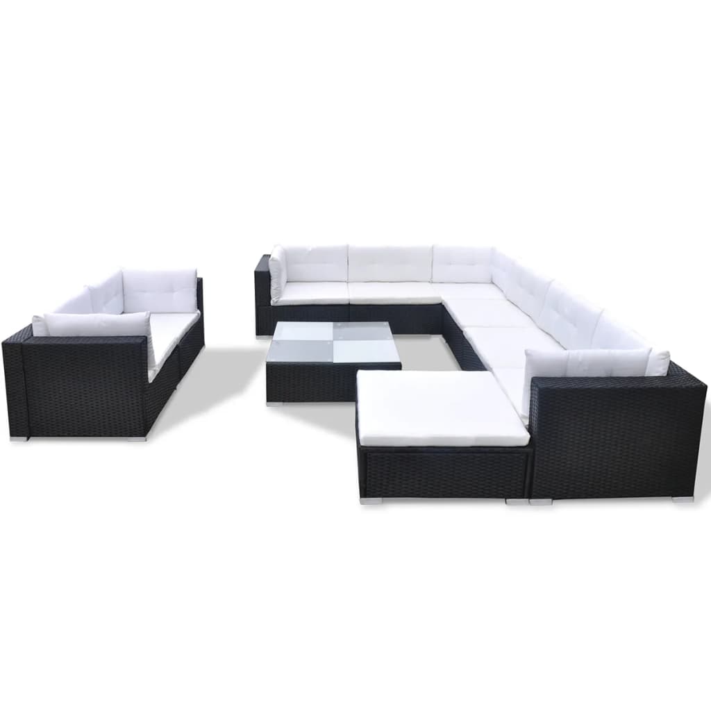 Garden furniture set with cushions, 10 pieces, black, polyrattan