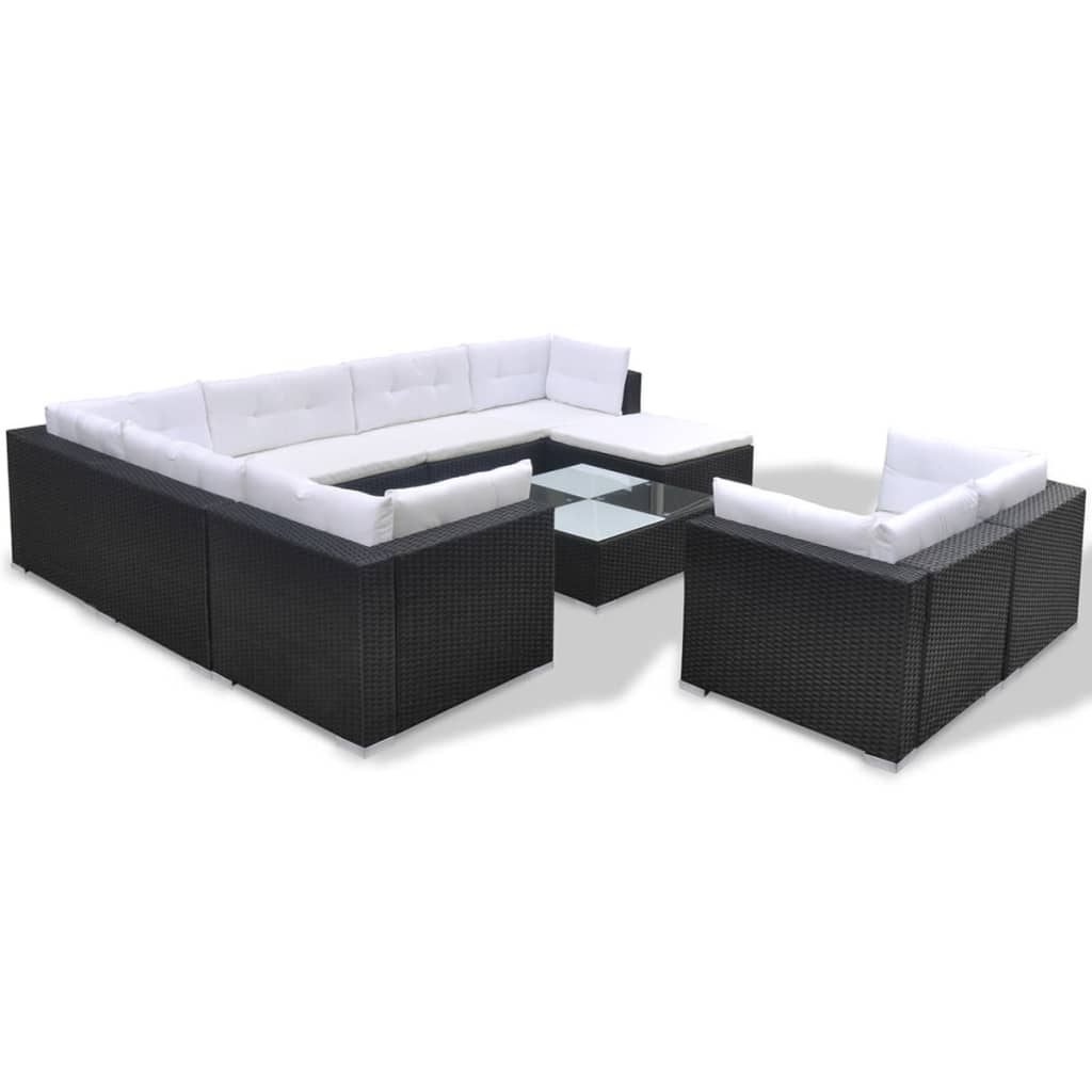 Set mobilier de grădină cu perne, 10 piese, negru, poliratan