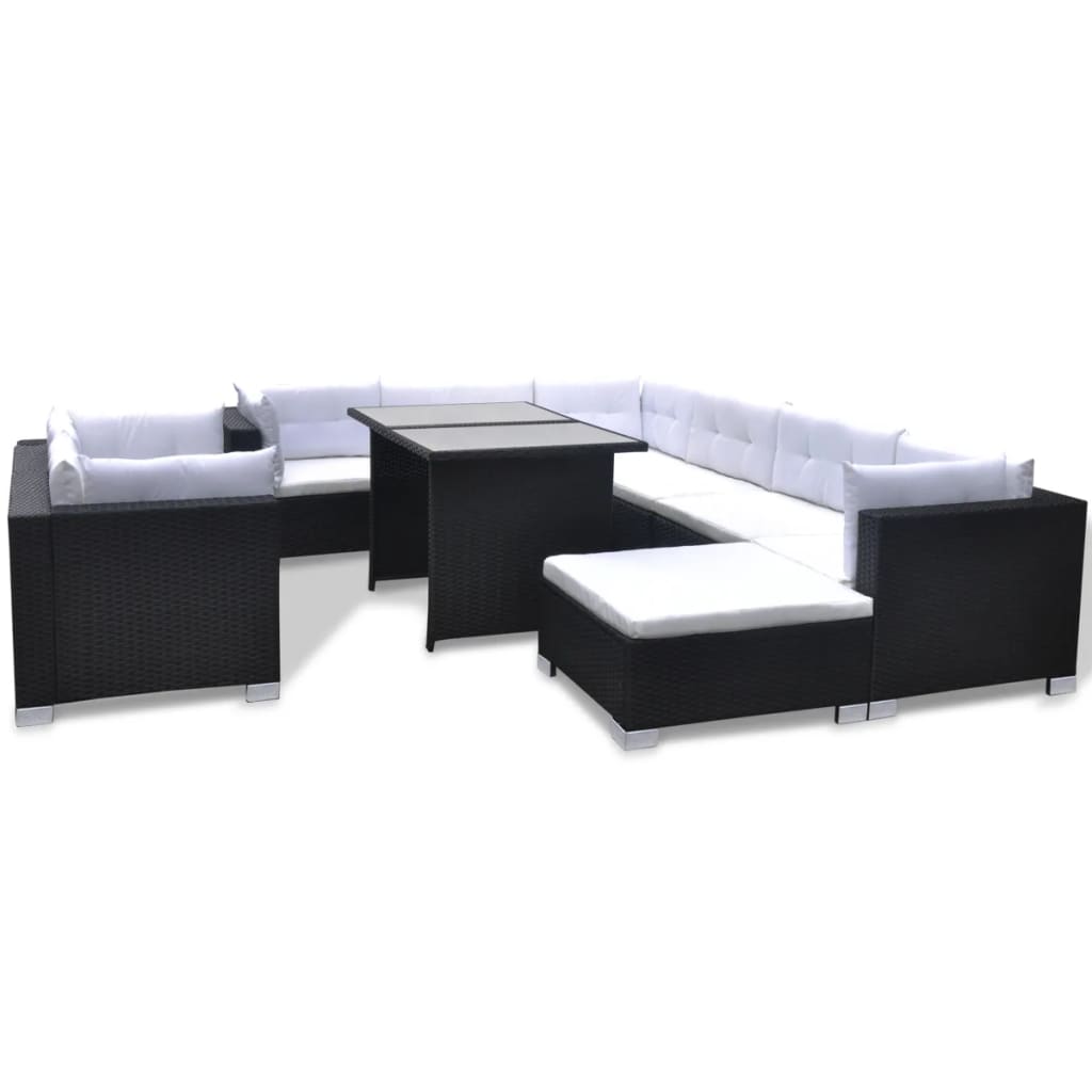 Set mobilier de grădină cu perne, 10 piese, negru, poliratan