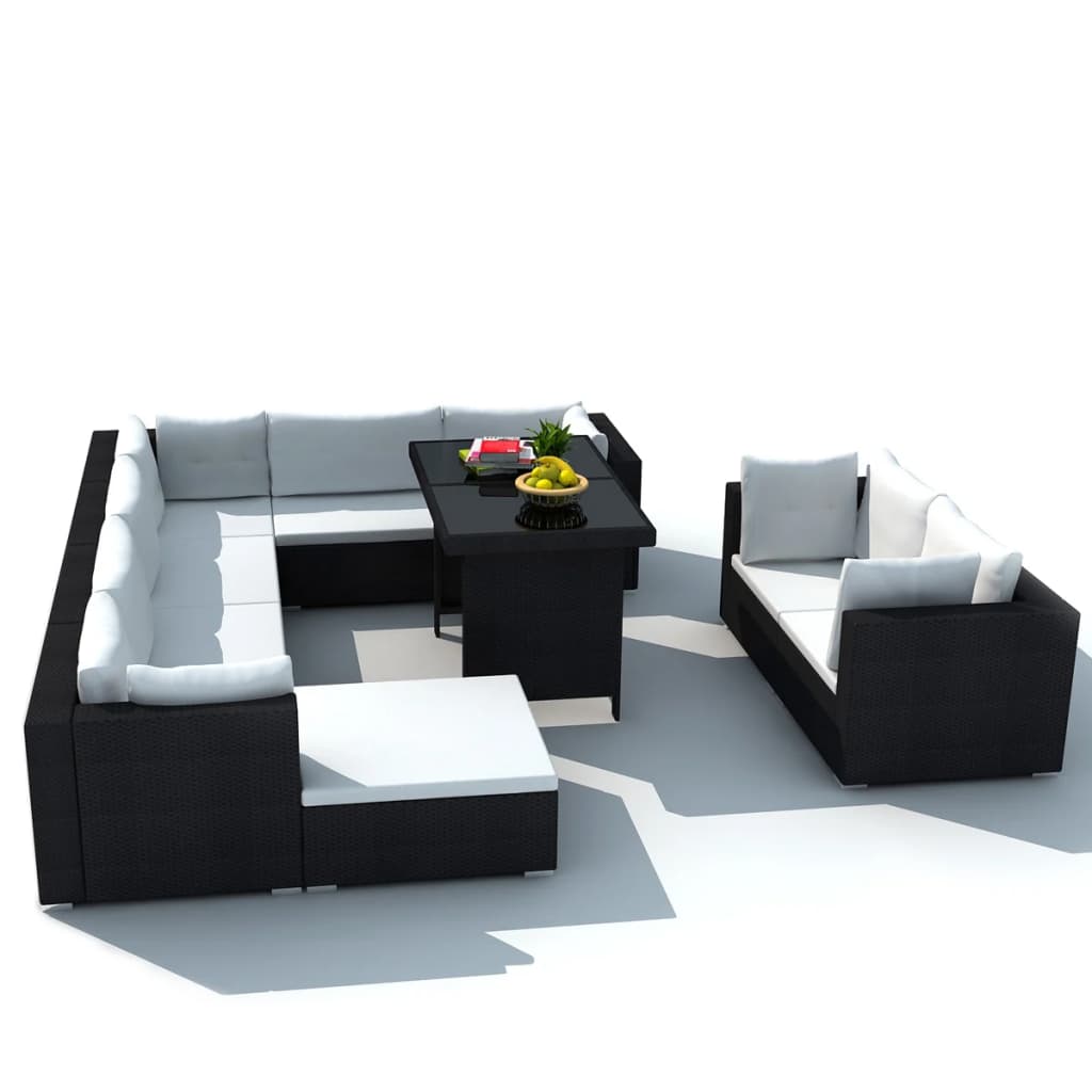 Garden furniture set with cushions, 10 pieces, black, polyrattan