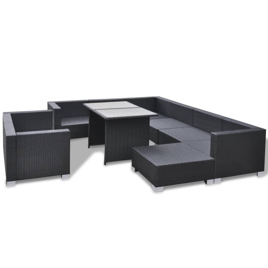 Set mobilier de grădină cu perne, 10 piese, negru, poliratan