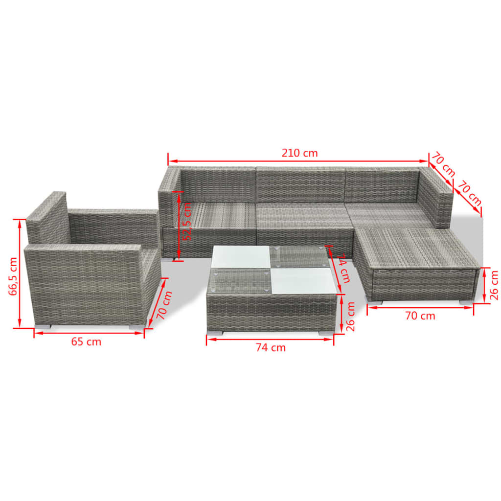 6-piece garden furniture set with cushions, grey, polyrattan