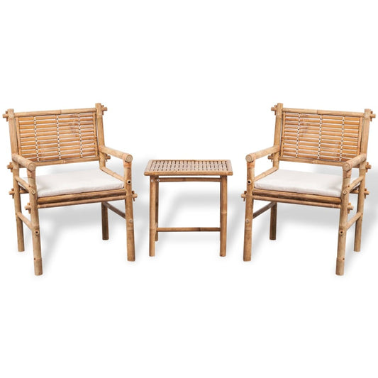 Bistro furniture set with cushions, 3 pieces, bamboo