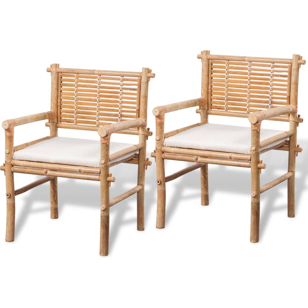 Bistro furniture set with cushions, 3 pieces, bamboo