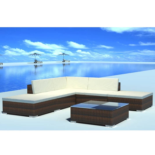 Garden furniture set with cushions, 6 pieces, brown, polyrattan