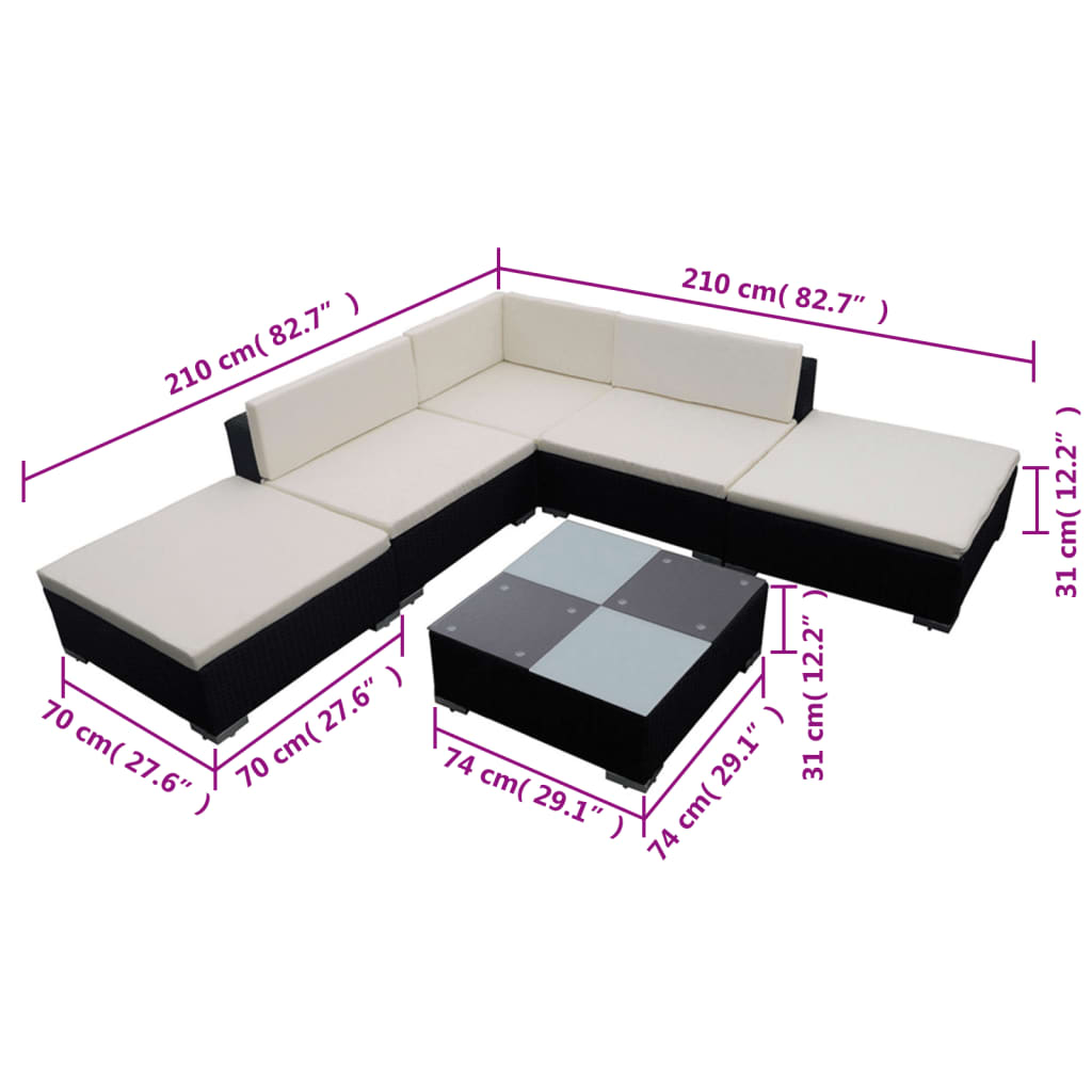 Garden furniture set with cushions, 6 pieces, black, polyrattan