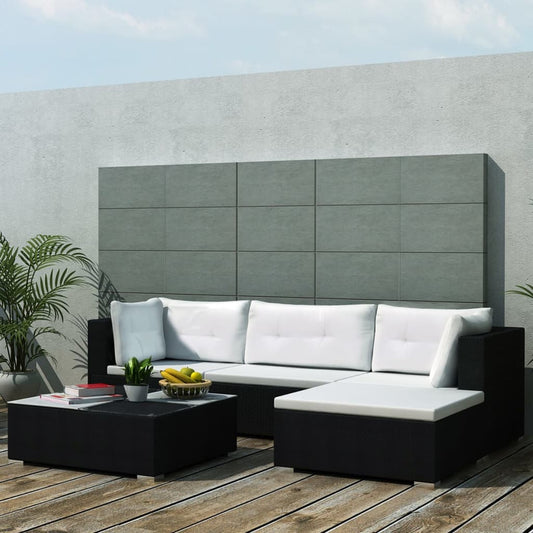 5-piece garden furniture set with cushions, black, polyrattan