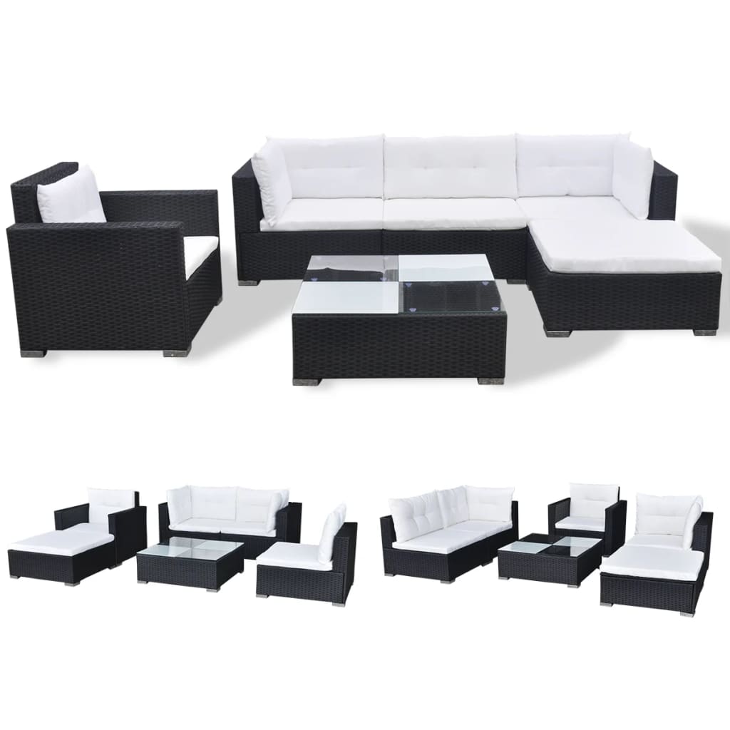 Garden furniture set with cushions, 6 pieces, black, polyrattan