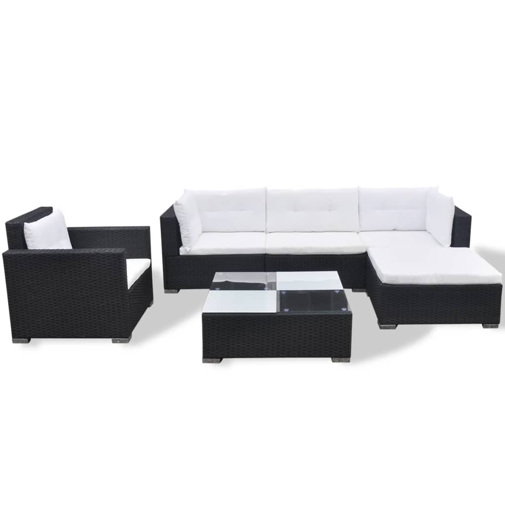 Garden furniture set with cushions, 6 pieces, black, polyrattan