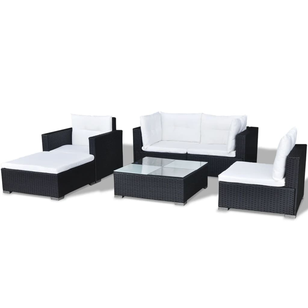 Garden furniture set with cushions, 6 pieces, black, polyrattan