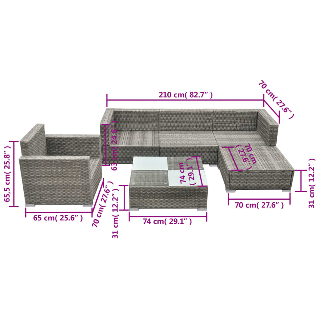 6-piece garden furniture set with cushions, grey, polyrattan