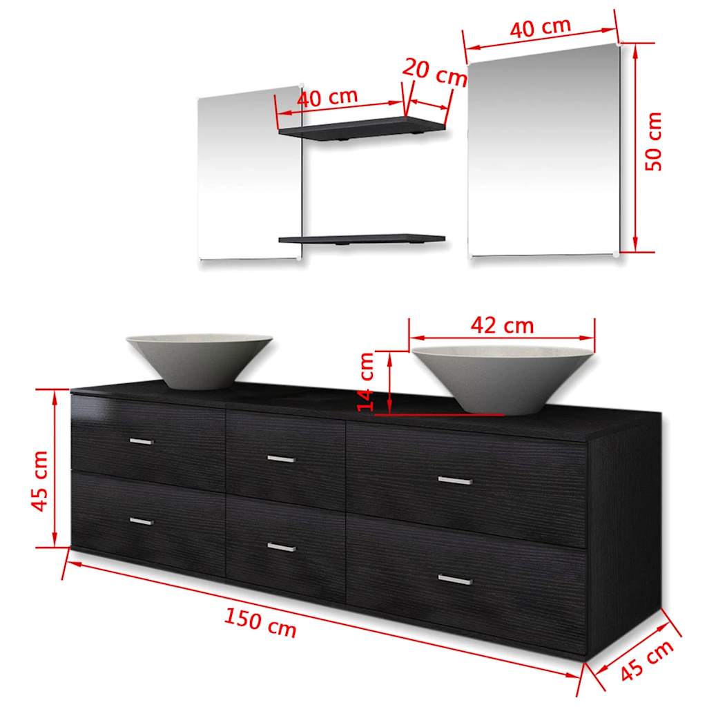 Set de mobilier de baie cu 7 piese și chiuvete incluse, negru