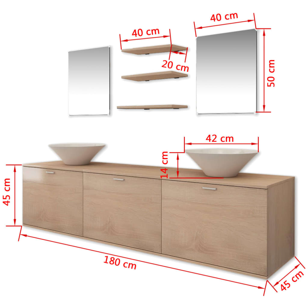 Set mobilier baie format din 8 piese cu chiuvete incluse, Bej