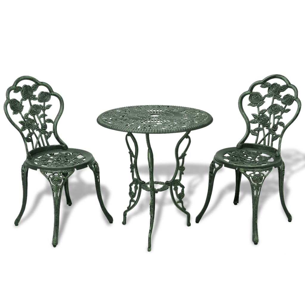 Bistro furniture set, 3 pieces, green, cast aluminum