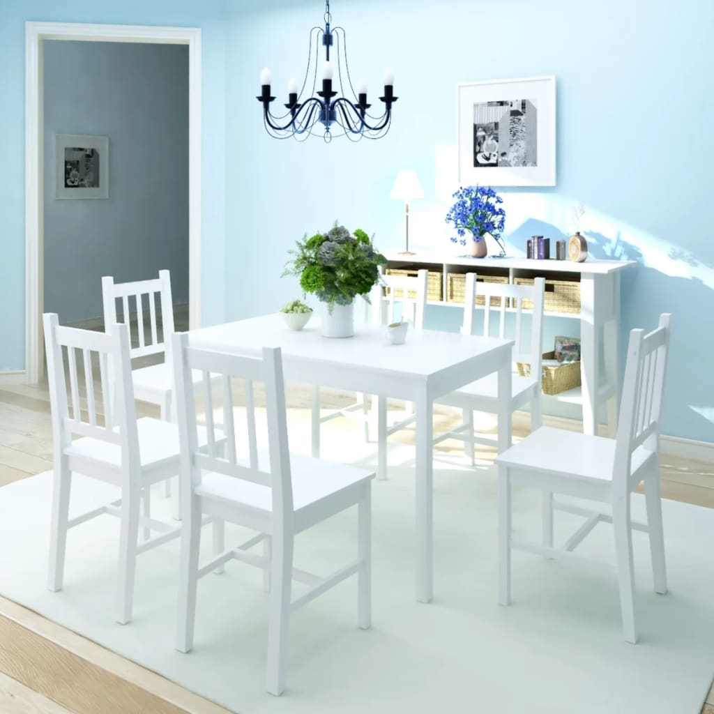 Pine wood table and chairs set, 7 pieces, white