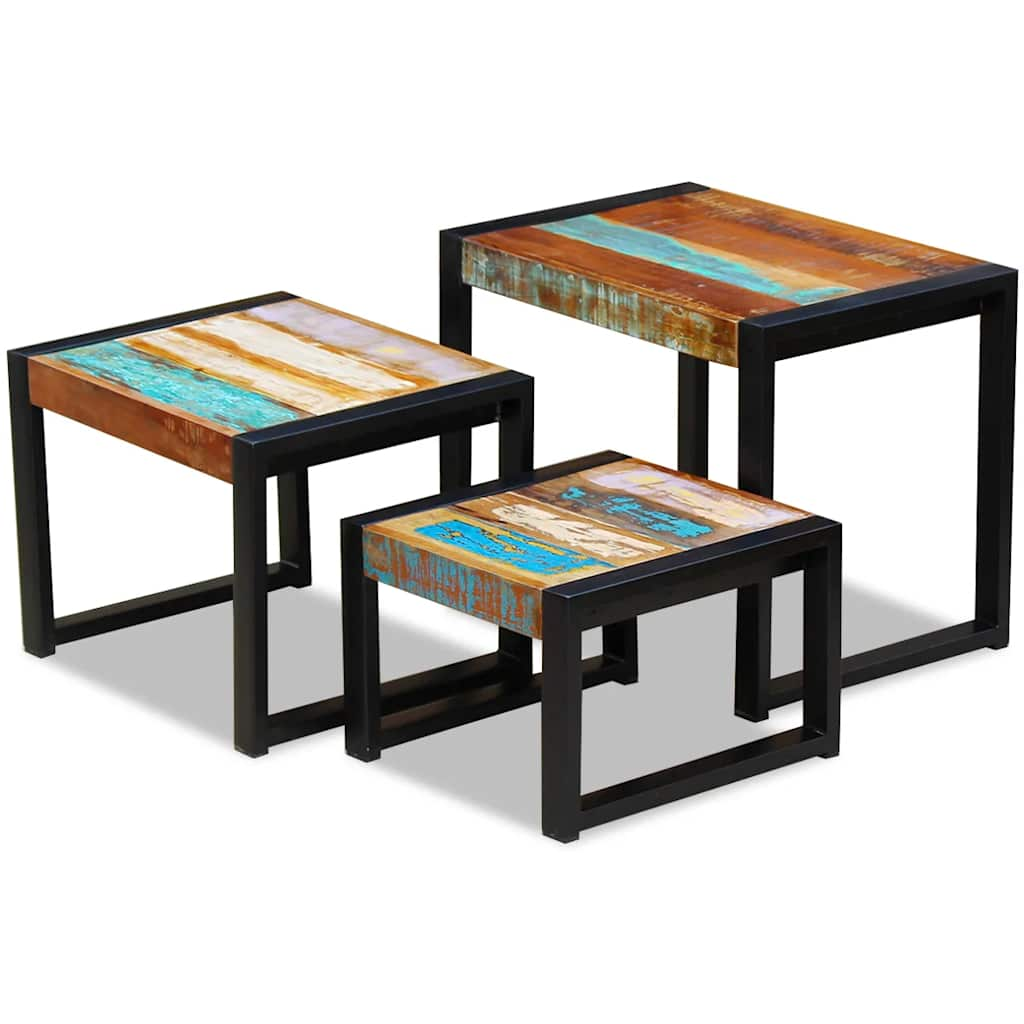 Stackable tables, 3 pieces, solid recycled wood