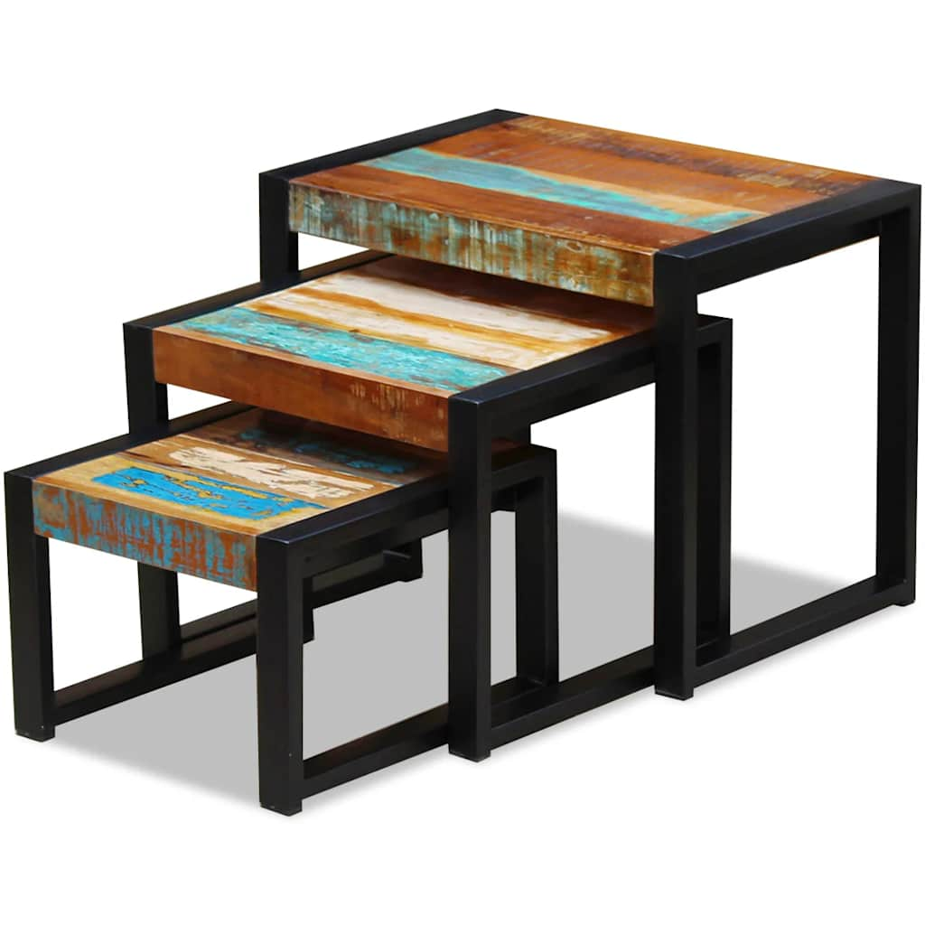 Stackable tables, 3 pieces, solid recycled wood