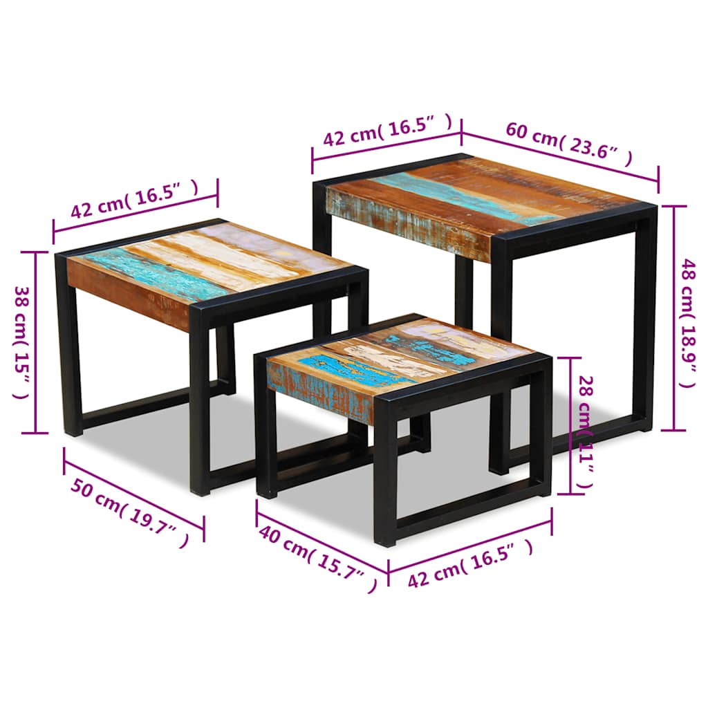 Stackable tables, 3 pieces, solid recycled wood