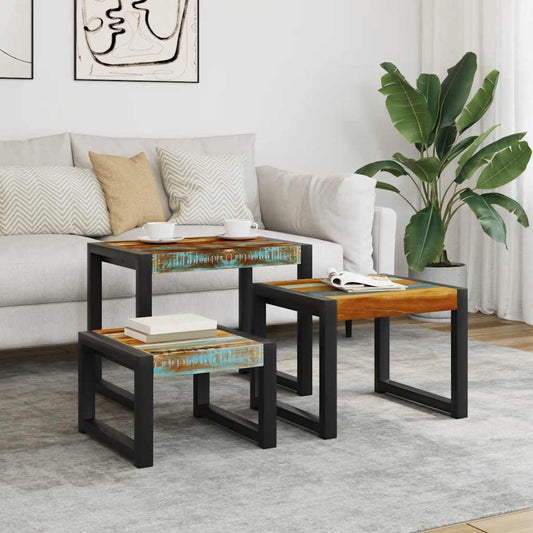 Stackable tables, 3 pieces, solid recycled wood