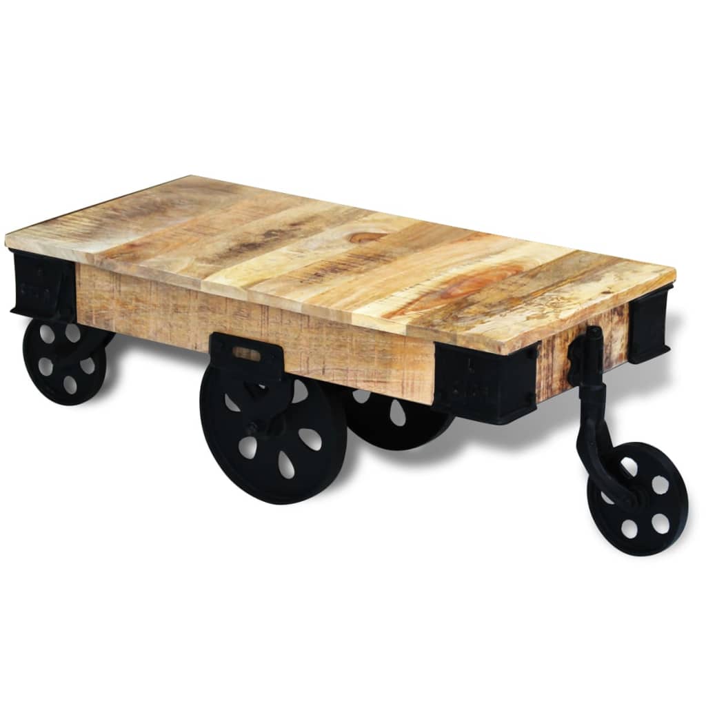 Raw mango wood coffee table with wheels