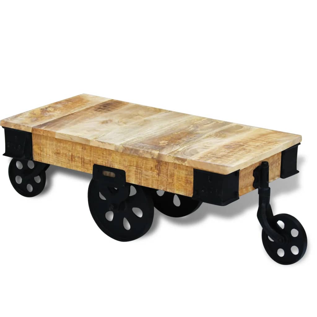 Raw mango wood coffee table with wheels