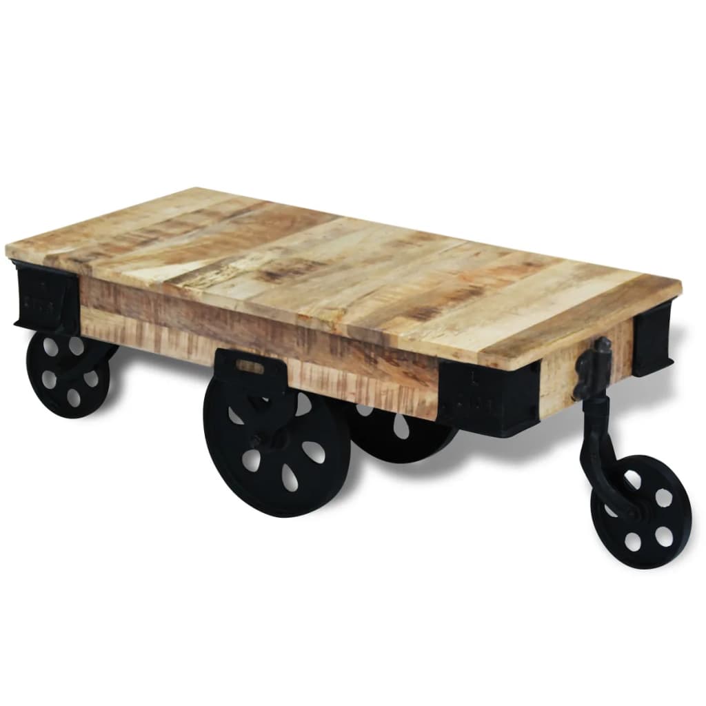 Raw mango wood coffee table with wheels