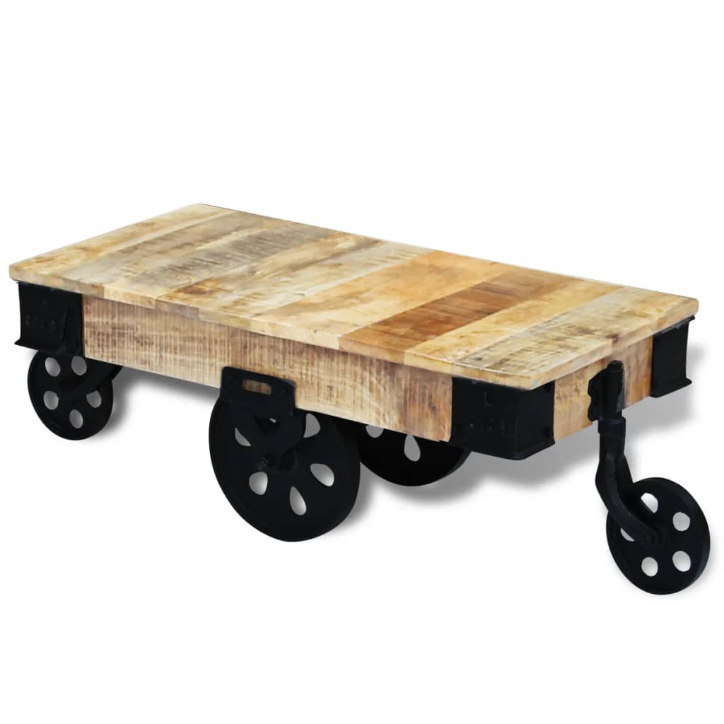 Raw mango wood coffee table with wheels