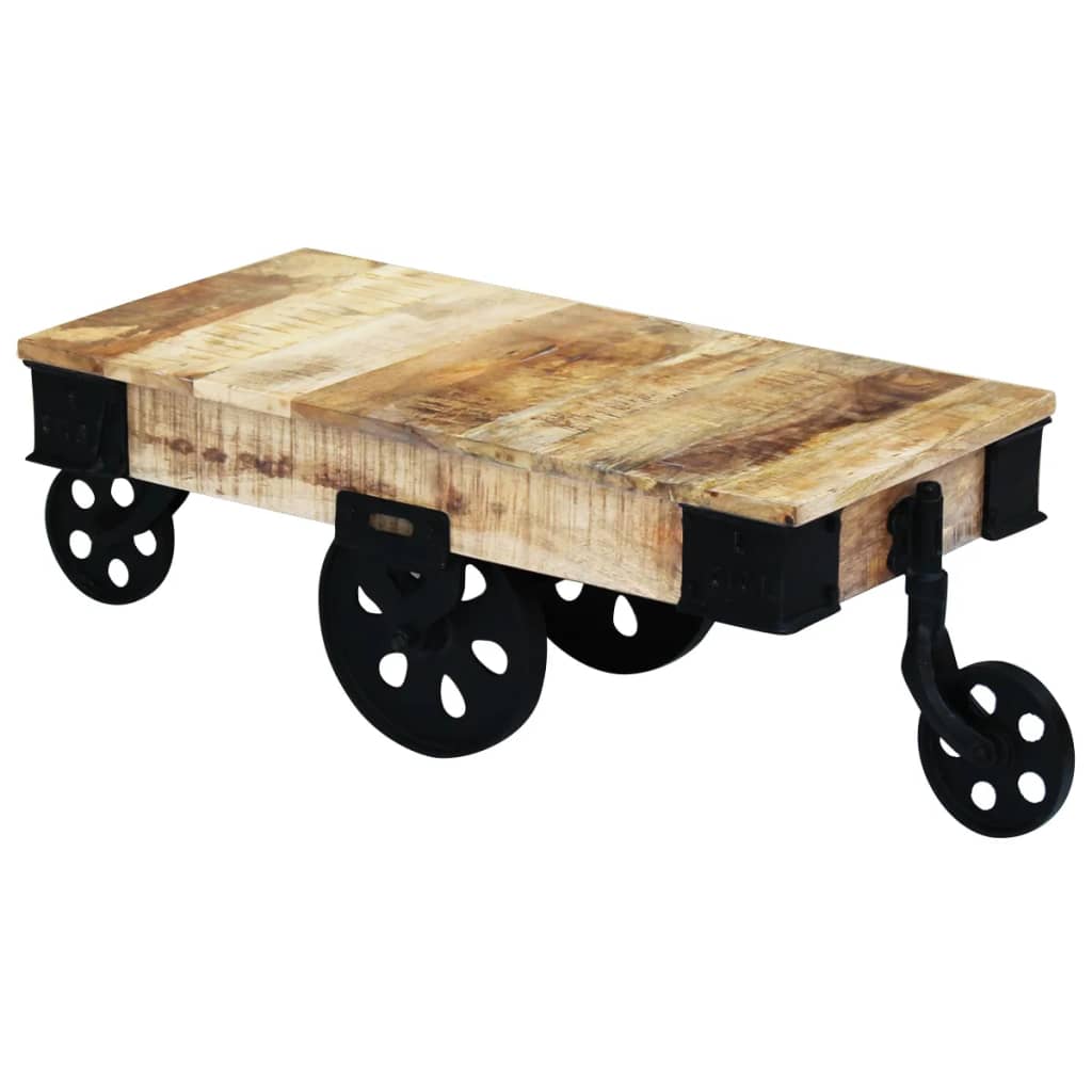 Raw mango wood coffee table with wheels