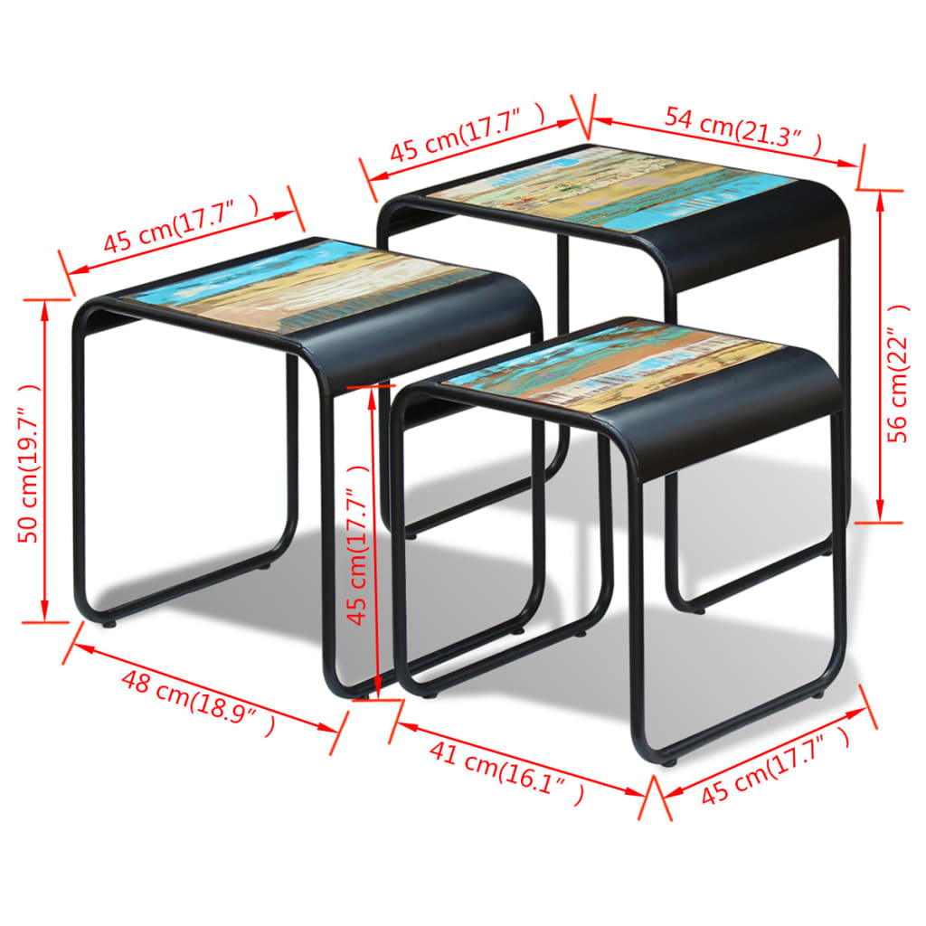 Stackable tables, 3 pieces, solid recycled wood