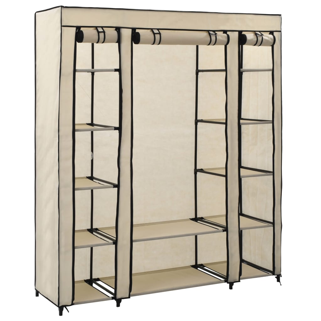 Wardrobe with rails and compartments, cream, 150x45x176 cm, textile