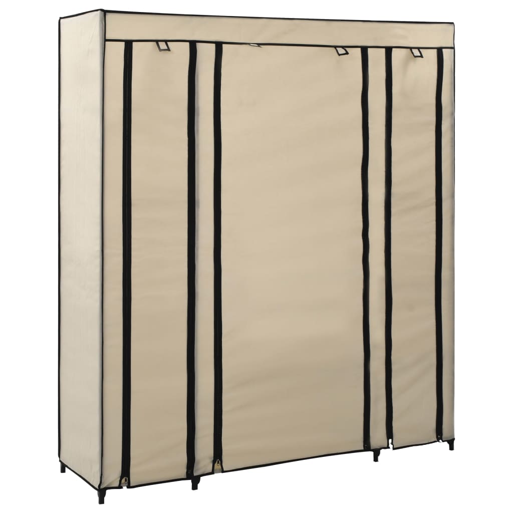 Wardrobe with rails and compartments, cream, 150x45x176 cm, textile